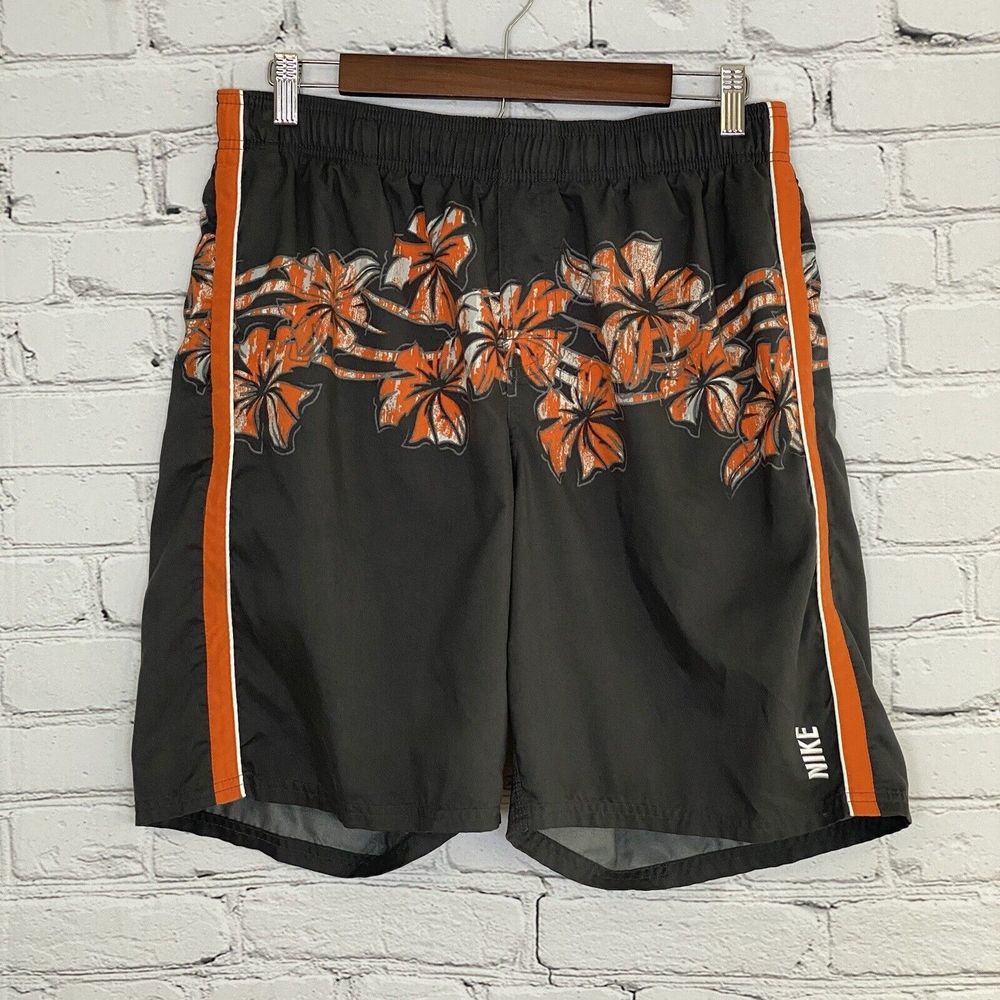 Nike Swim Mens Size L Swim Trunks Gray Orange Hibiscus Pockets Mesh Lining